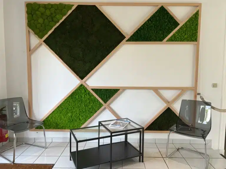 Mur végétal artificiel, cadre en bois, plante stabilisée, tours et ses alentours